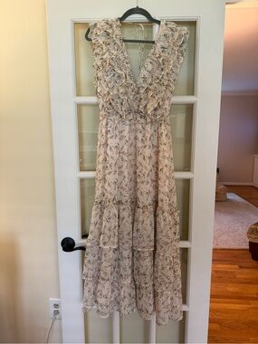 Storia Cream and Pink Floral Ruffled V-Neck Maxi Dress
